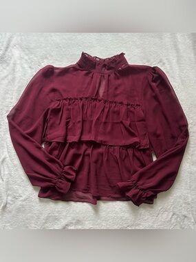 Francesca’s Isabella Sheer Ruffle Blouse – Burgundy – Size XL